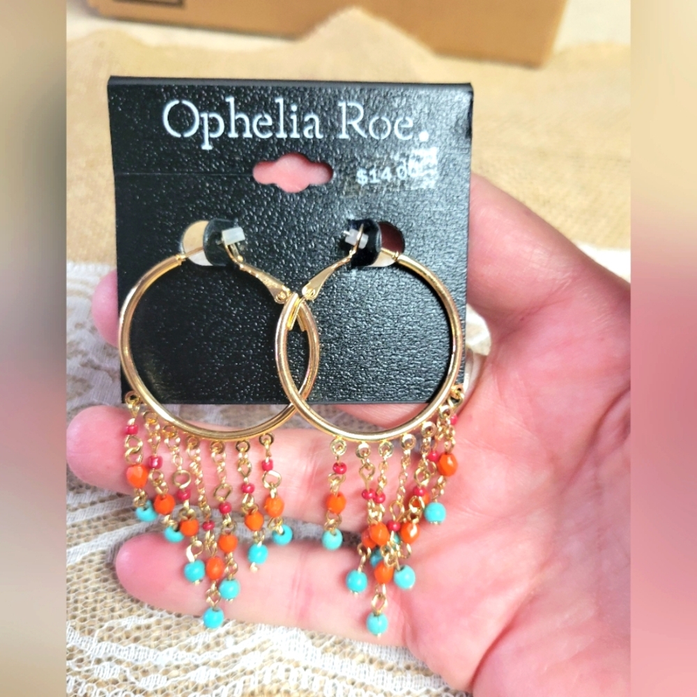 Ophelia Roe pierced wire beaded hoop earrings gold tone metal